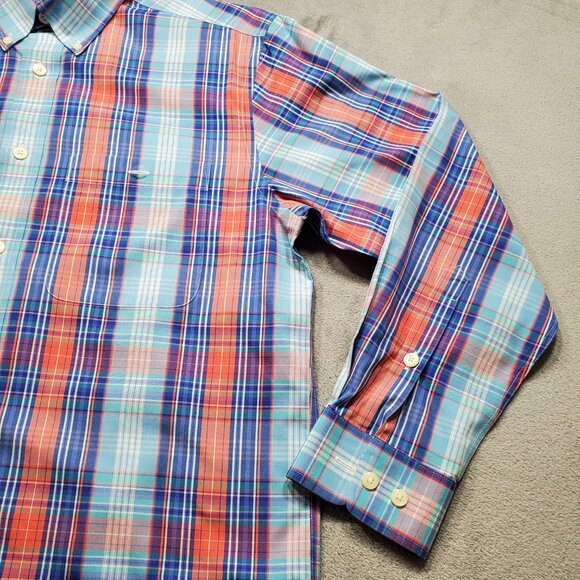 Orvis Button Down Dress Plaid Shirt Wrinkle Free Salmon Dark Blue White Men Sz M - Picture 6 of 10